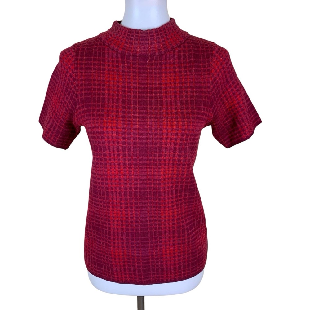 Field Flower Red Textured Grid Knit Mock Neck Short Sleeve Top Womens Small